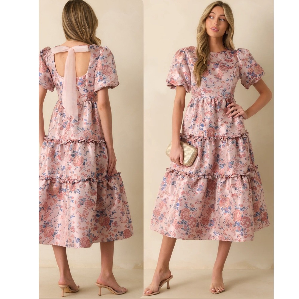 Tiered Midi dress tea party princess puff sleeves bow feminine modest wedding